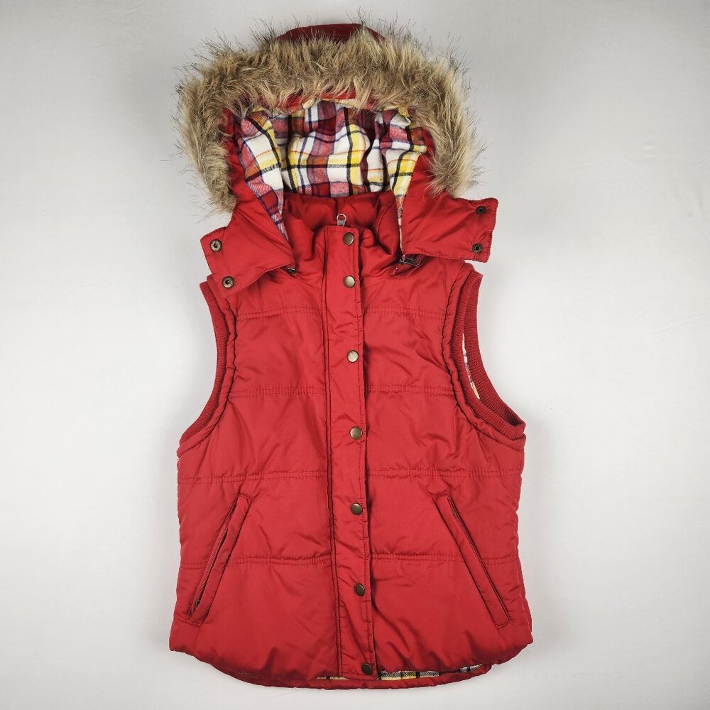 Bluenotes Red Hooded Vest M Campcore Utilitycore Plaid Lined High Neck Pockets